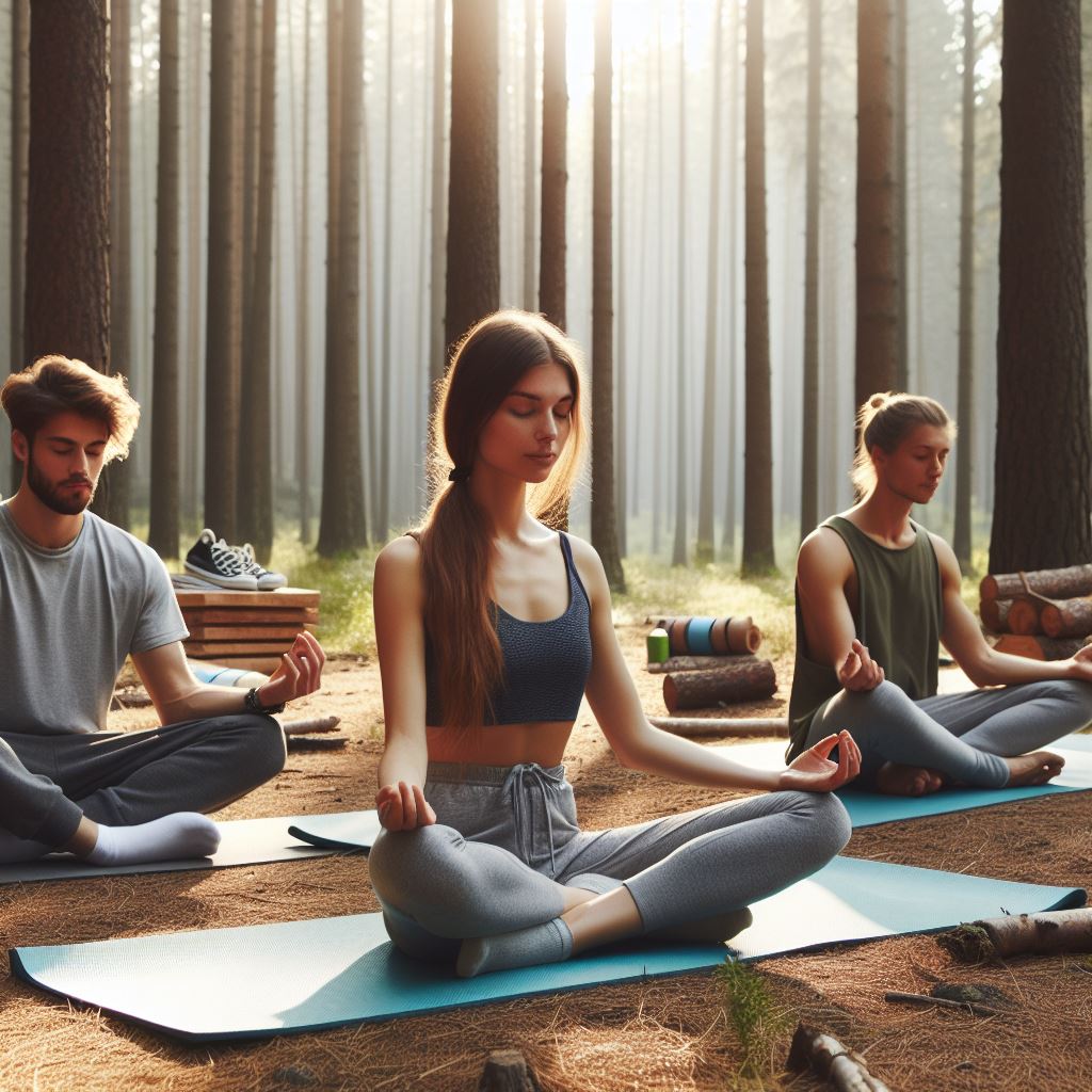3 osoby siedzące na leśnej polanie w medytacji.