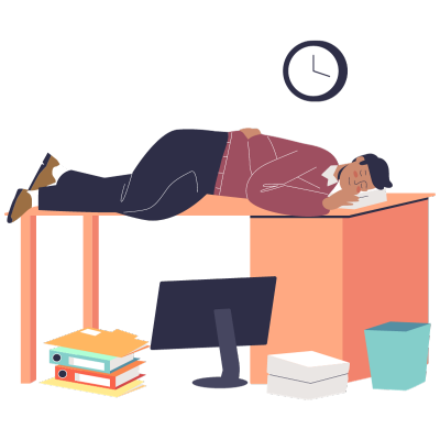 Zmęczony pracownik śpiący na biurku.